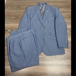 E.J. Samuel Blue w/ White Pinstripe Linen Suit 44R